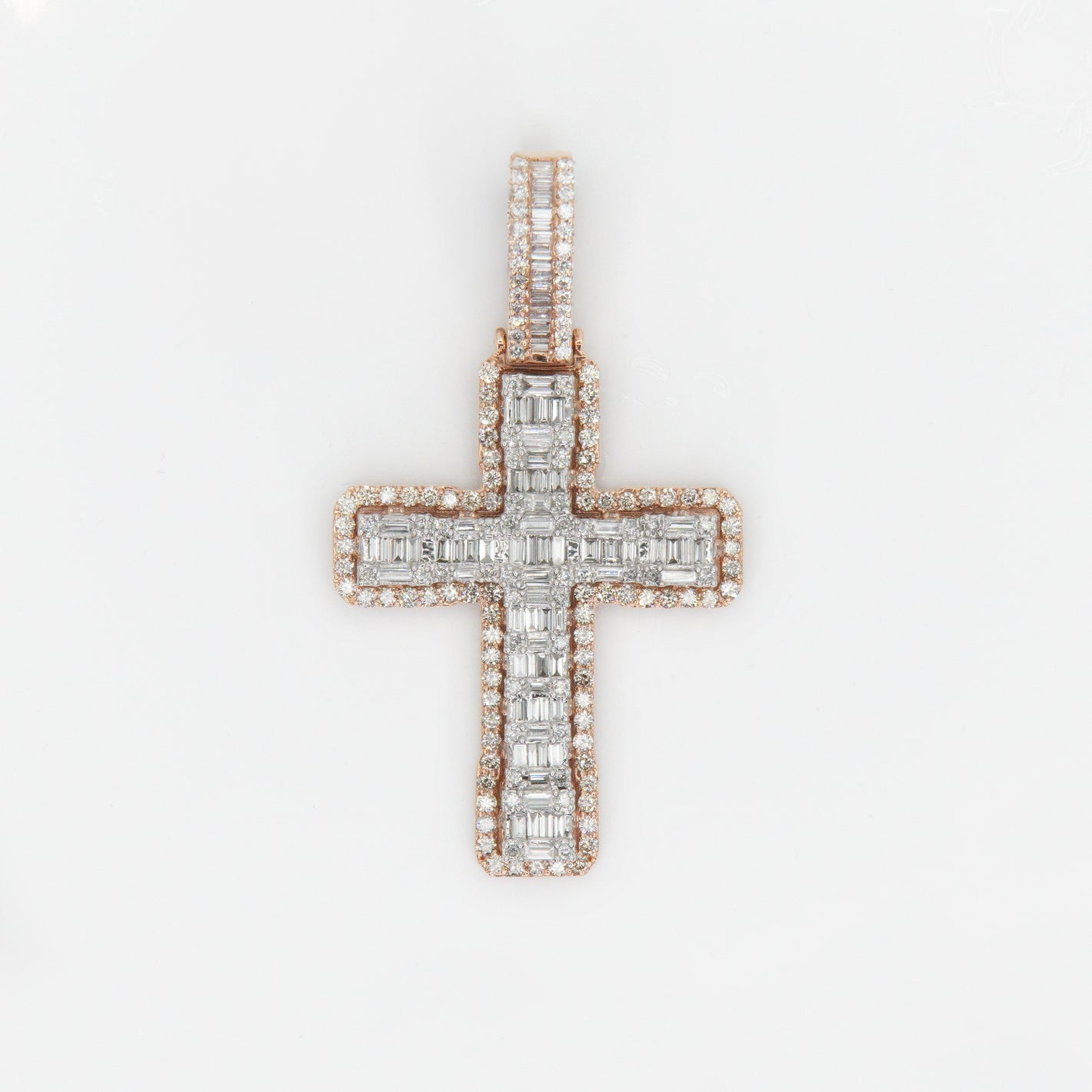 14k Solid Rose Gold Baguette Diamond Elevated 3D Cross
