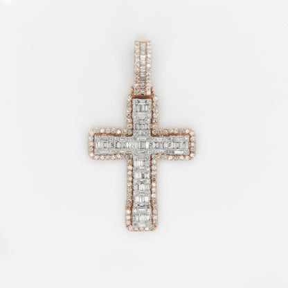 14k Solid Rose Gold Baguette Diamond Elevated 3D Cross