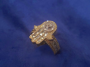 10k Solid Gold VS Baguette Diamond XL Hamsa Hand Ring