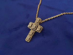 10k Solid Gold Baguette Diamond Cross Pendant and Chain set
