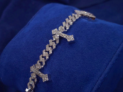 14k Solid White Gold VS Baguette Diamond Cross Cuban Bracelet