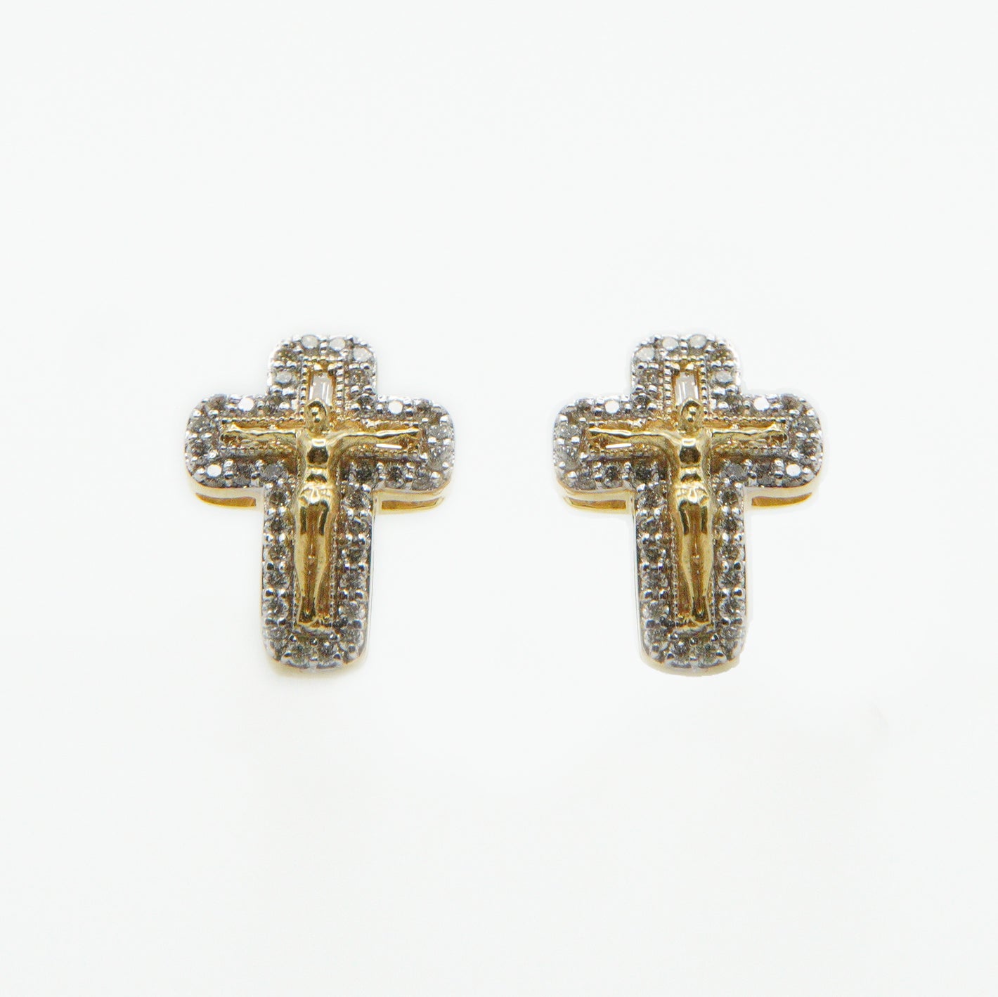 14k Solid Gold VS1 Diamond Jesus Cross Earrings - 50185