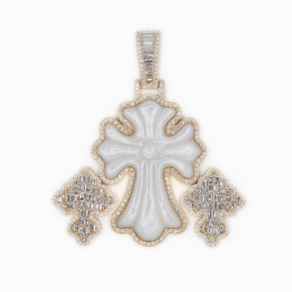 14k Solid Gold VS1 Diamond & Mother Of Pearl Triple Cross Pendant - 60367