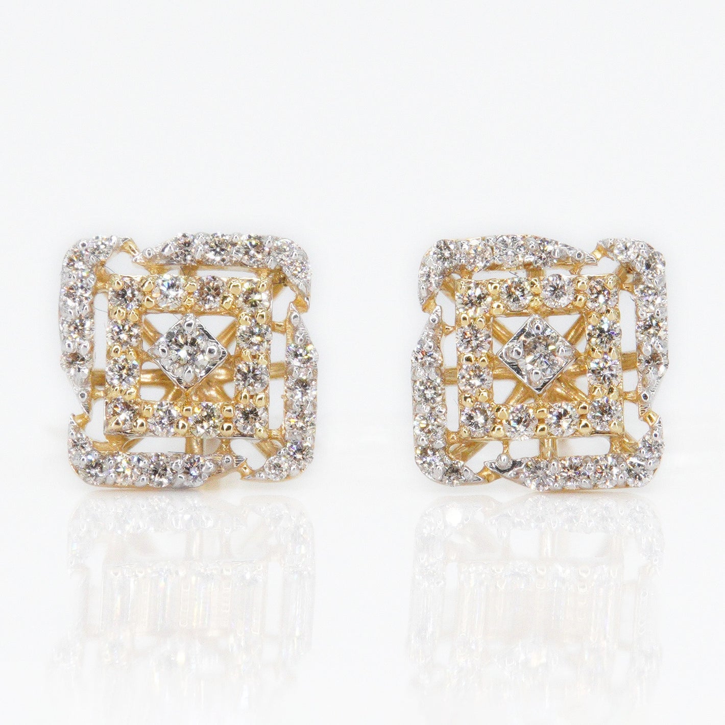 14k Solid Gold 11mm VS Diamond 3D Square Maze Earrings - 50079