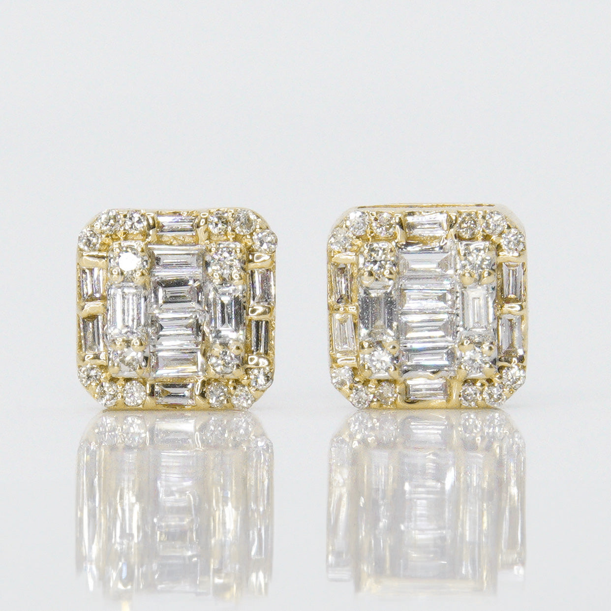 14k Solid Gold 9.5mm Diamond Square Baguette Earrings - 50025