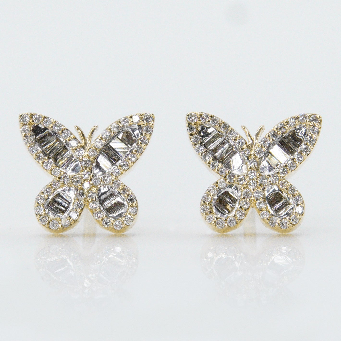 14k Solid Gold Baguette Diamond Butterfly Earrings