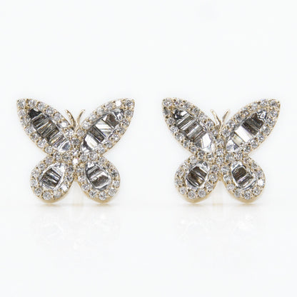 14k Solid Gold 10mm Baguette Diamond Butterfly Earrings - 50044