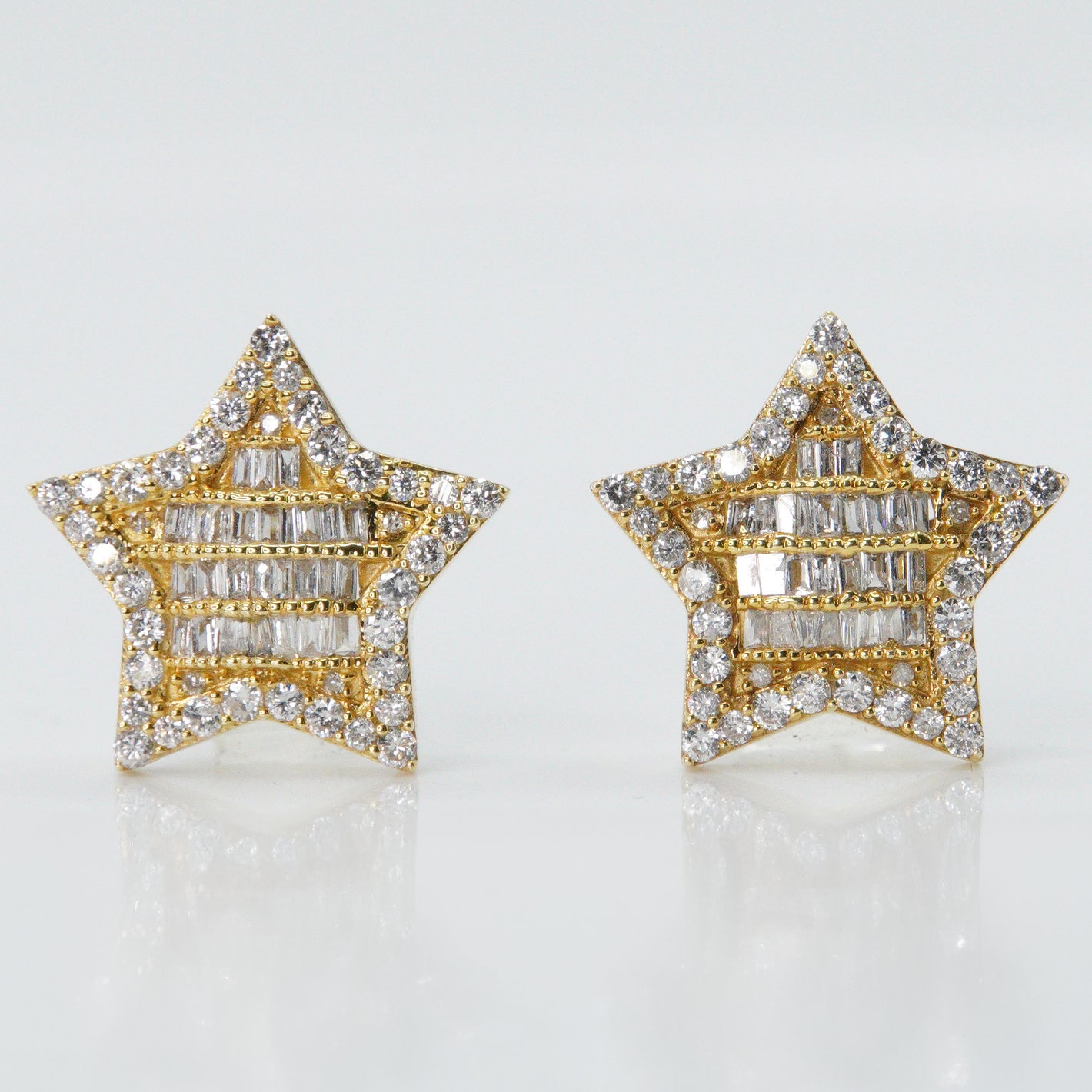 14k Solid Gold 17mm Baguette Diamond Star Earrings - 50010