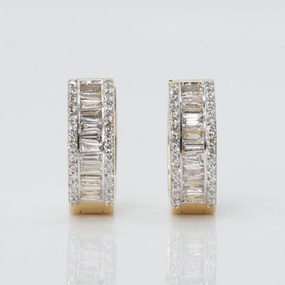 14k Solid Gold VS Baguette Diamond Hoop Earrings Huggies - 50036