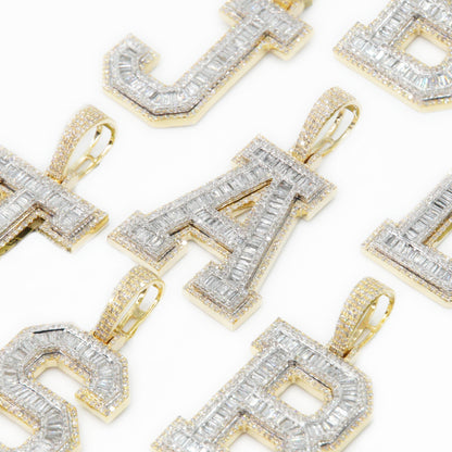 Solid 10k Gold Baguette Diamond 3D Large Initial Pendants