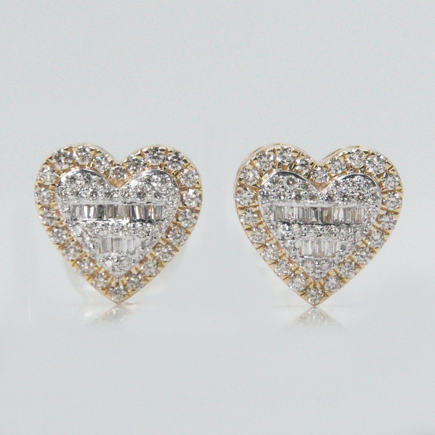 14k Solid Gold 11mm VS1 Baguette Diamond Heart Earrings