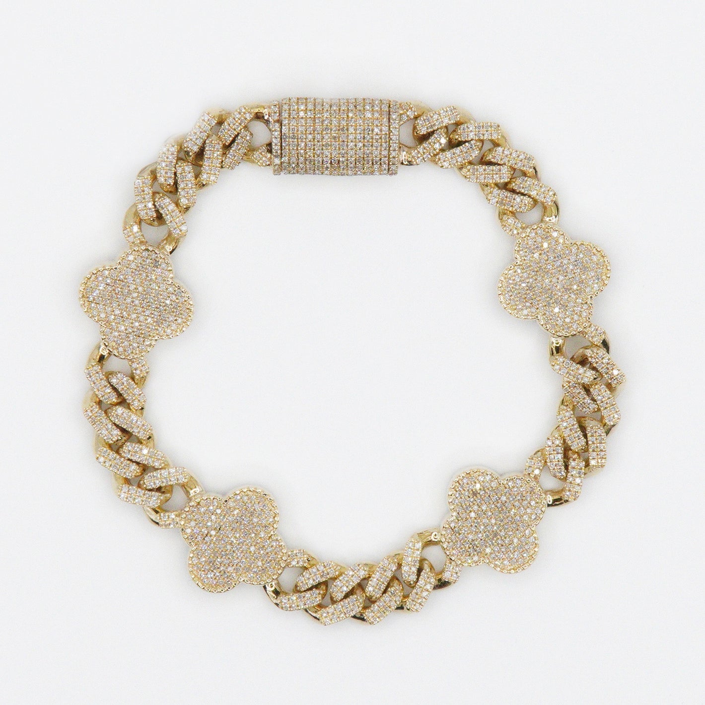 10k Solid Gold 8mm Diamond Clover Cuban Bracelet - 20132