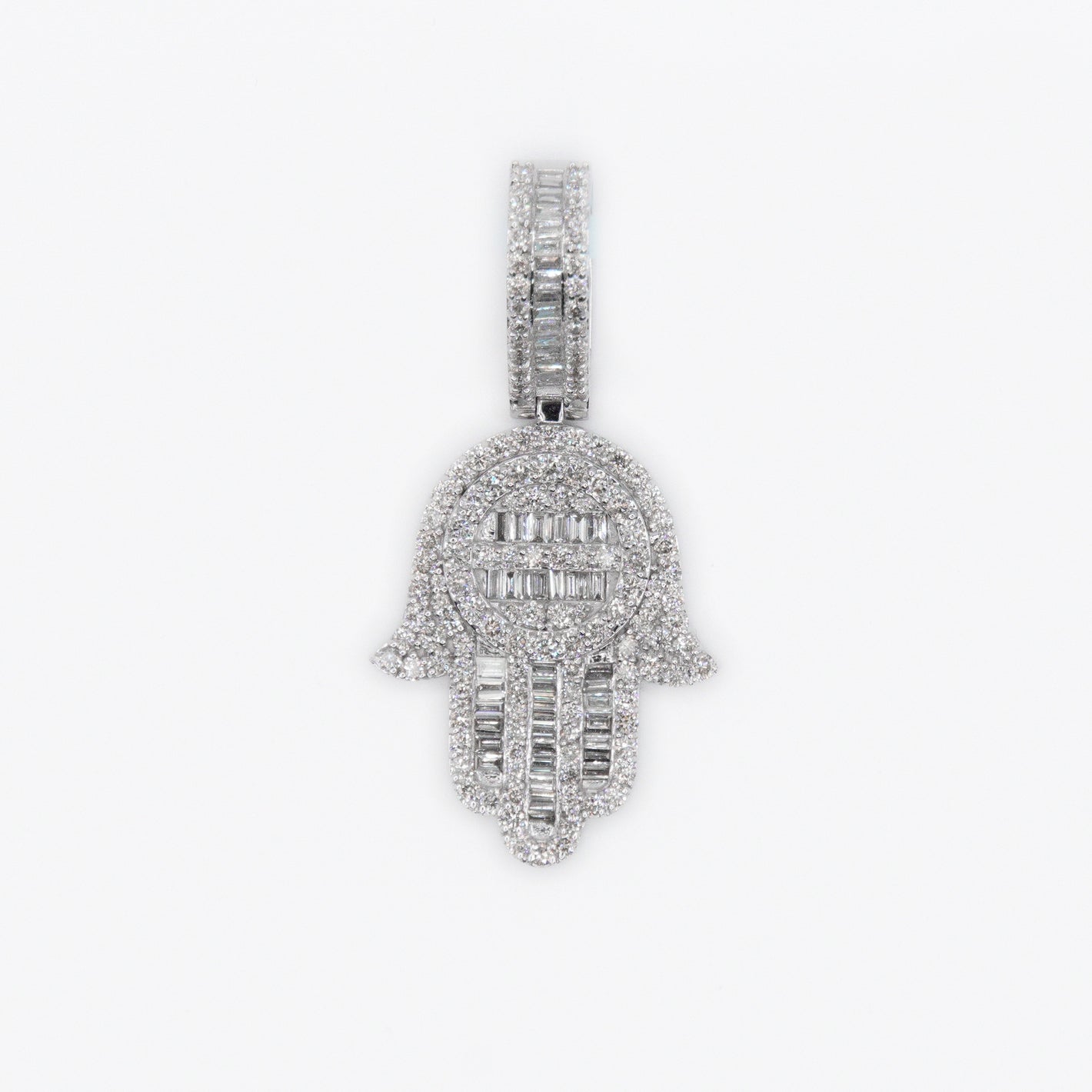 10k Solid White Gold VS1 Baguette Diamond 3D Hamsa Pendant - 60176