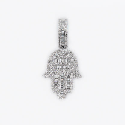 10k Solid White Gold VS1 Baguette Diamond 3D Hamsa Pendant - 60176