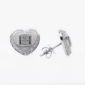 18k Solid Gold Cubed Diamond Heart Earrings - 50138