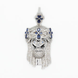 14k Solid White Gold VS1 Diamond and Sapphire Jesus Pendant - 60203