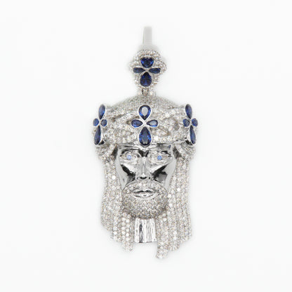 14k Solid White Gold VS1 Diamond and Sapphire Jesus Pendant - 60203