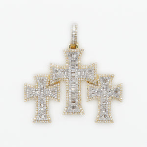 10k Solid Gold Baguette Diamond 1.75" Triple Cross Pendant - 60220