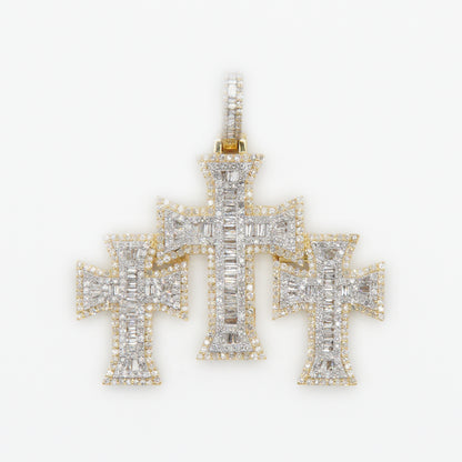 10k Solid Gold Baguette Diamond Triple Cross Pendant - 60220