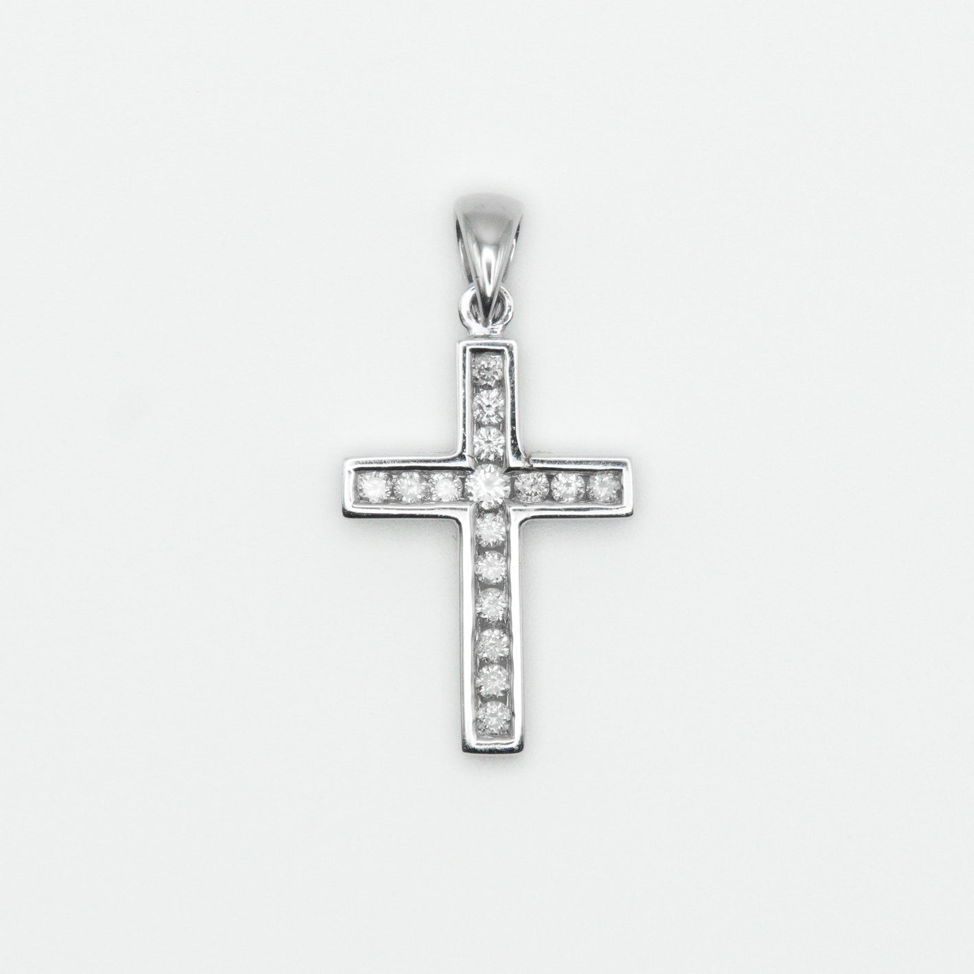 14k Solid White Gold Diamond Single Row Cross Pendant - 60273