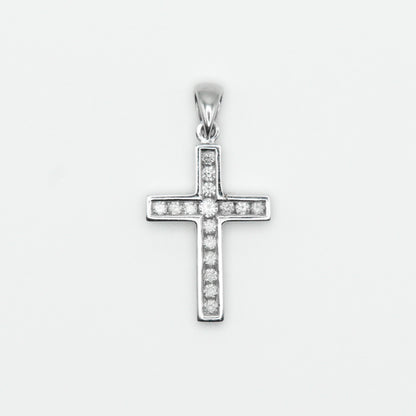 14k Solid White Gold Diamond Single Row Cross Pendant - 60273