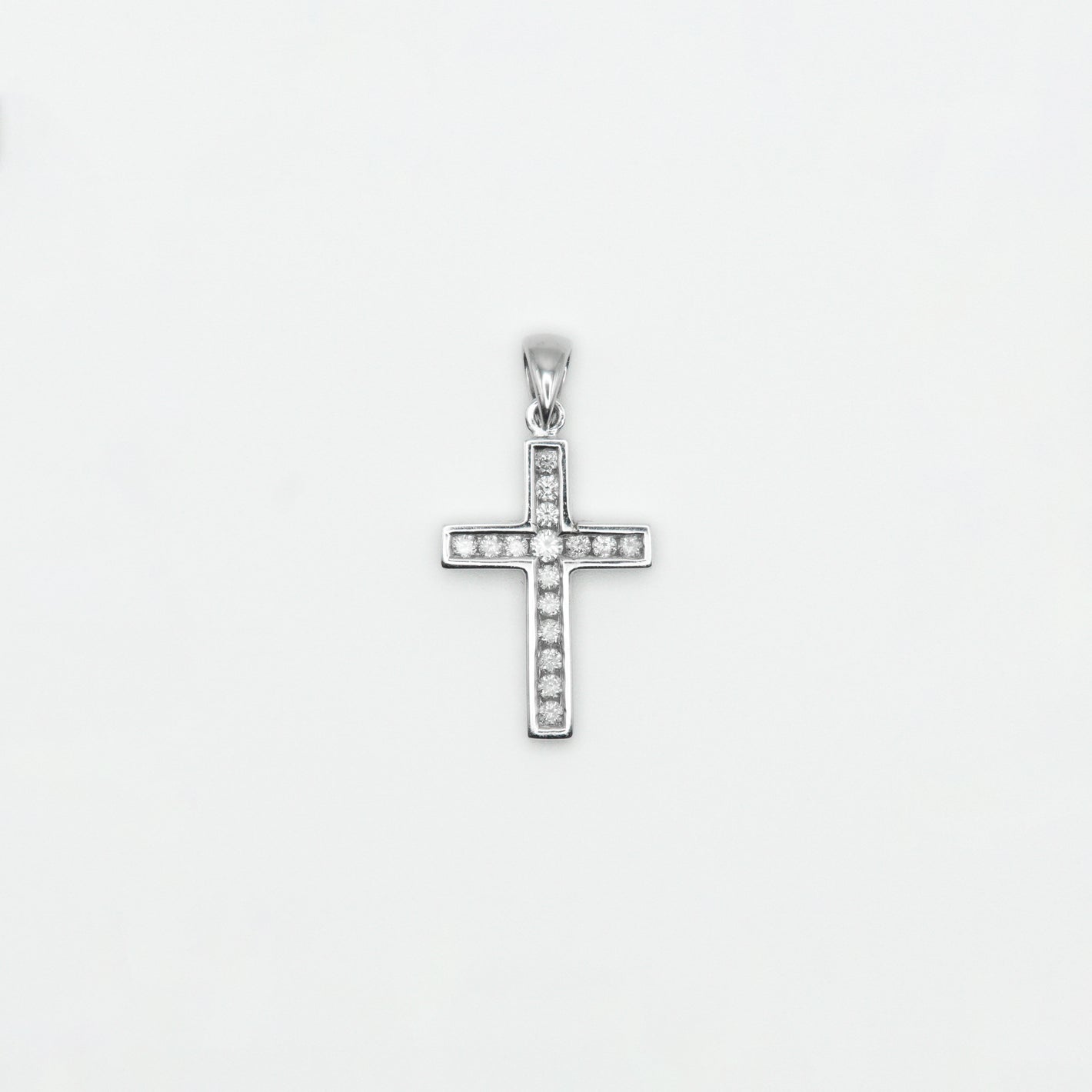 14k Solid White Gold Diamond Single Row Cross Pendant - 60273