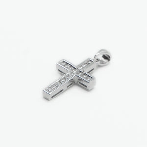 14k Solid White Gold Diamond Single Row Cross Pendant - 60273