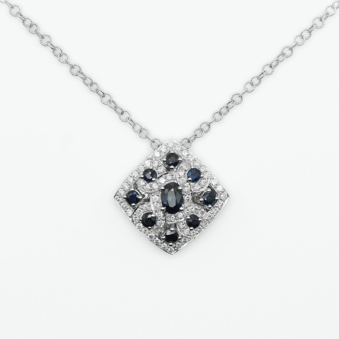 14k Solid White Gold Diamond Custom Blue Stone Necklace - 60297