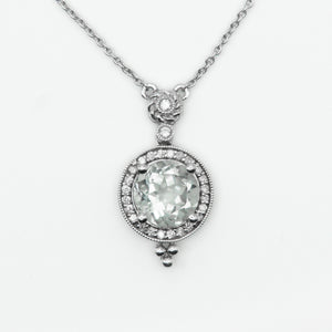 14k Solid White Gold Diamond Olive Green Stone Necklace - 60299