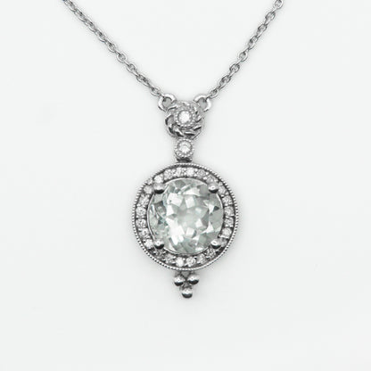 14k Solid White Gold Diamond Olive Green Stone Necklace - 60299