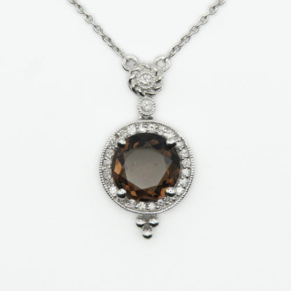 14k Solid White Gold Diamond Dark Brown Stone Necklace - 60300