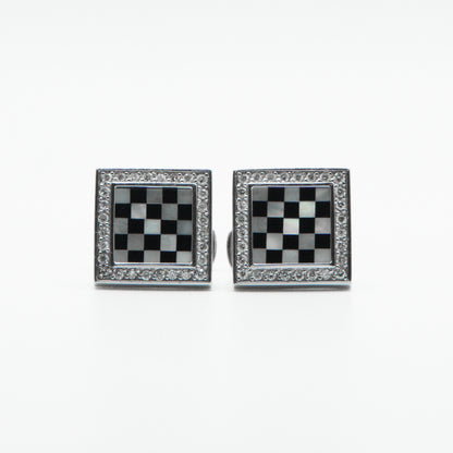 Solid White Gold Diamond Checkers Board Cuff Links - 70040