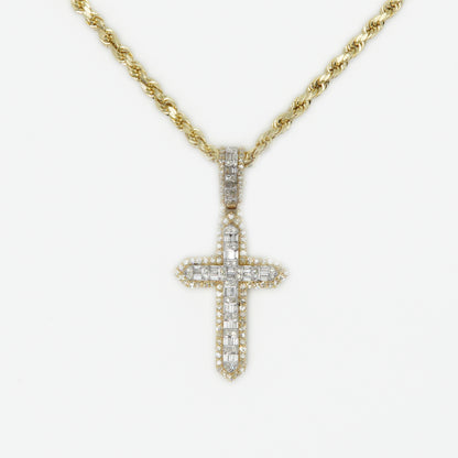 10k Solid Gold 3D Baguette Diamond Cross & Chain Set - 70041