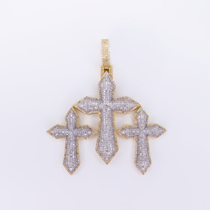 10k Solid Gold Diamond Puff Triple Cross Pendant - 60481