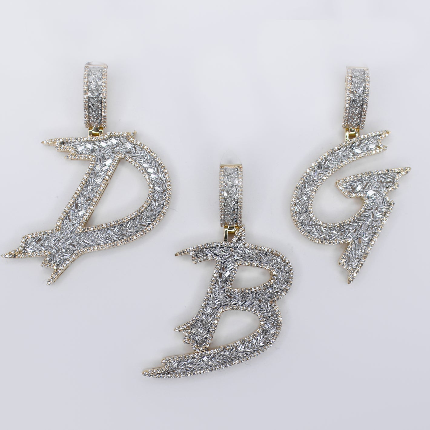 10k Solid Gold Baguette Diamond 3D Brush Initial Pendants - 60489