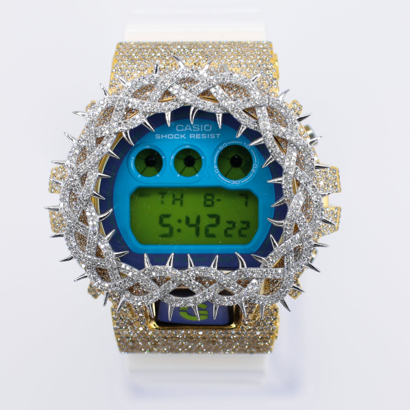 Diamond G-Shock DW-6900 Custom Thorn Bezel -White Band  - 40075