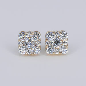 14k Solid Gold Lab Diamond 10.5mm Sqaure Cluster Earrings - 50282