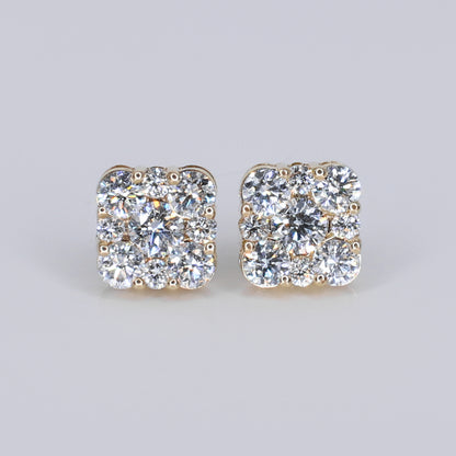 14k Solid Gold Lab Diamond 10.5mm Sqaure Cluster Earrings - 50282