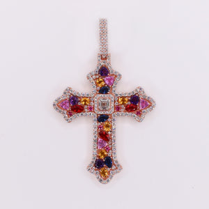 10k Solid Rose Gold Lab Diamond Fancy Colored Mosaic Cross Pendant - 60546