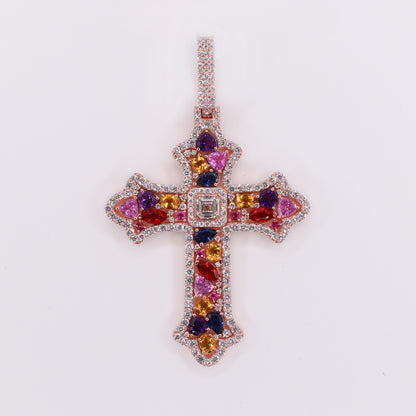 10k Solid Rose Gold Lab Diamond Fancy Colored Mosaic Cross Pendant - 60546