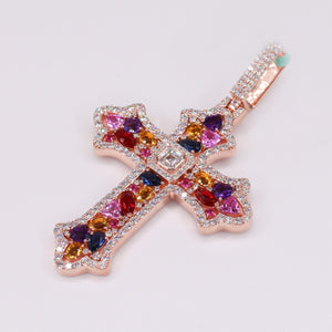 10k Solid Rose Gold Lab Diamond Fancy Colored Mosaic Cross Pendant - 60546