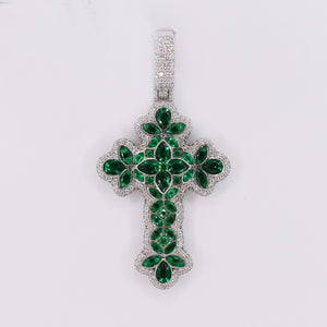 10k Solid White Gold VS Diamond Green Gem Garden Cross - 60548