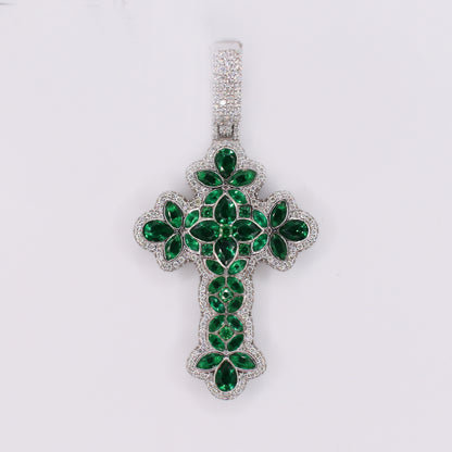 10k Solid White Gold VS Diamond Green Gem Garden Cross - 60548