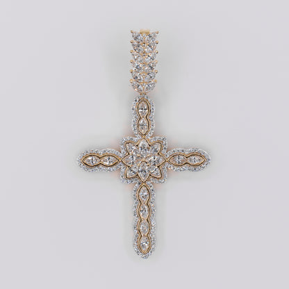 10k Solid Gold Lab Diamond Floral Cross Pendant - 60553