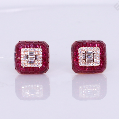18k Solid Gold 14mm VS1 Diamond & Ruby Earrings - 50326