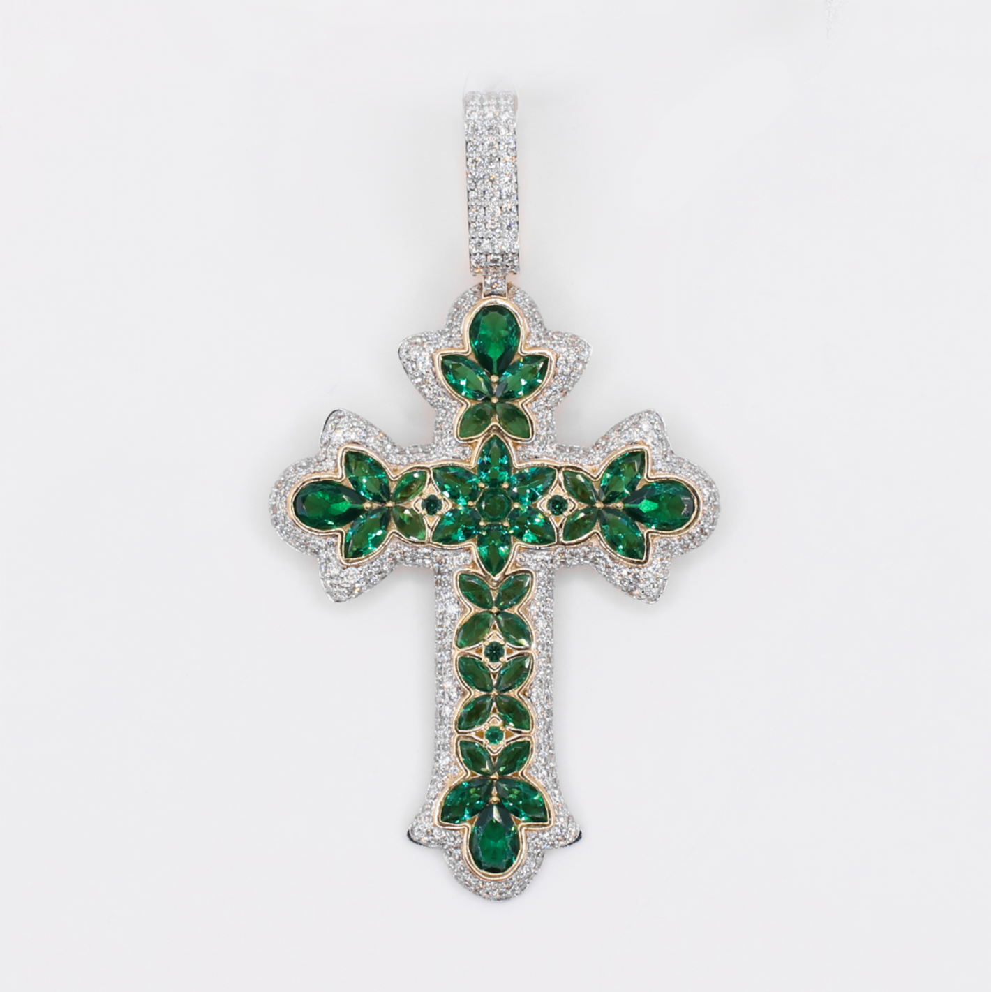 10k Solid Gold Diamond Green Gem Garden Cross - 60614