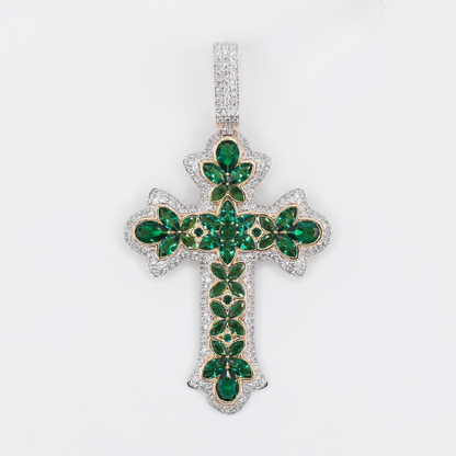 10k Solid Gold Diamond Green Gem Garden Cross - 60614