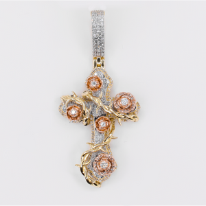 10k Solid Gold Diamond Blooming Rose Cross Pendant - 60590