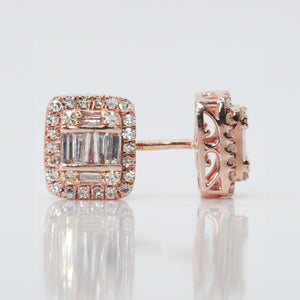 14k Solid Rose Gold Baguette Diamond Rectangle Earrings