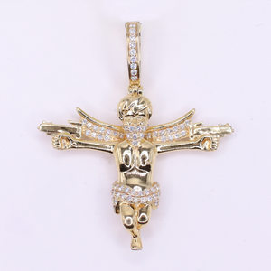 10k Solid Gold Diamond Double Uzi Angel Pendant - 60626